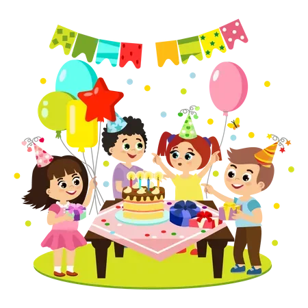 Cheerful Kids Birthday Party Celebration Clipart - Fun Festive Gathering