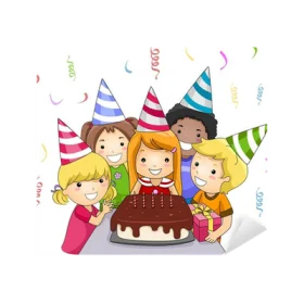 Cheerful Kids Birthday Party Celebration Clipart with Chocolate Cake and Festive Hats