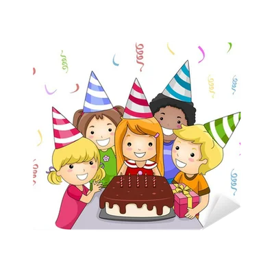 Cheerful Kids Birthday Party Celebration Clipart with Chocolate Cake and Festive Hats