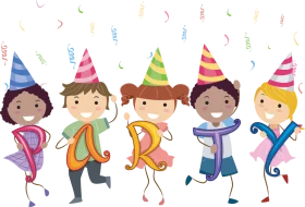 Cheerful Kids Birthday Party Celebration Clipart with Festive Balloons and Hats