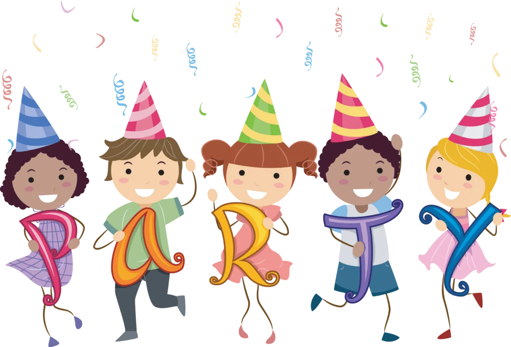 Cheerful Kids Birthday Party Celebration Clipart with Festive Balloons and Hats