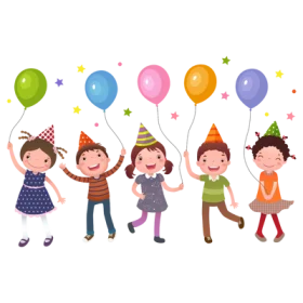 Cheerful Kids Party Celebration Clipart with Colorful Balloons and Festive Hats