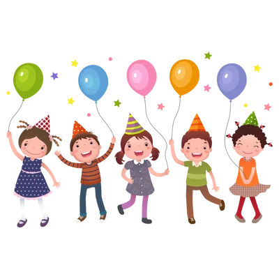 Cheerful Kids Party Celebration Clipart with Colorful Balloons and Festive Hats