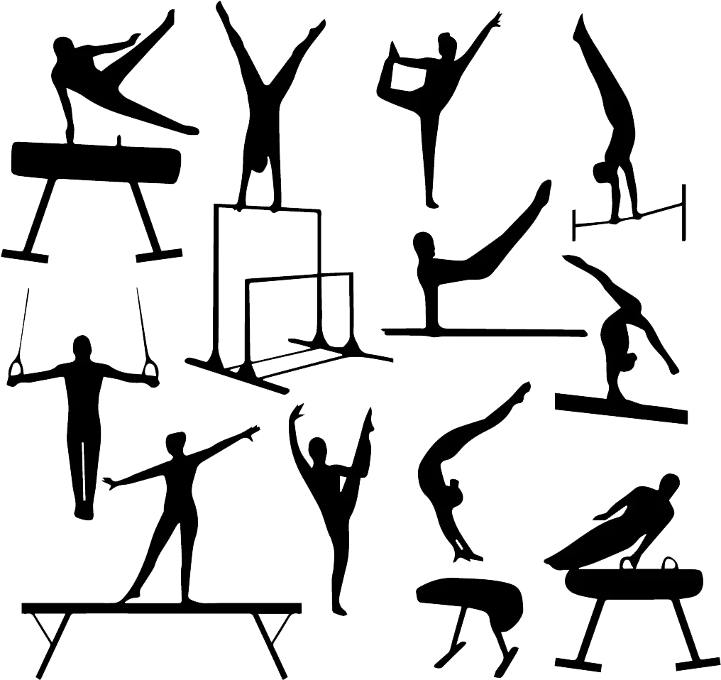 Dynamic Black Silhouettes Gymnastics Athletes Performing Clipart Collection