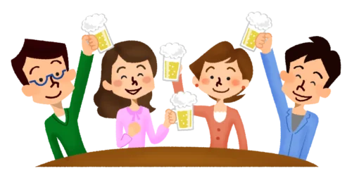 Friends Enjoying Festive Celebration with Raised Beer Glasses Clipart Illustration