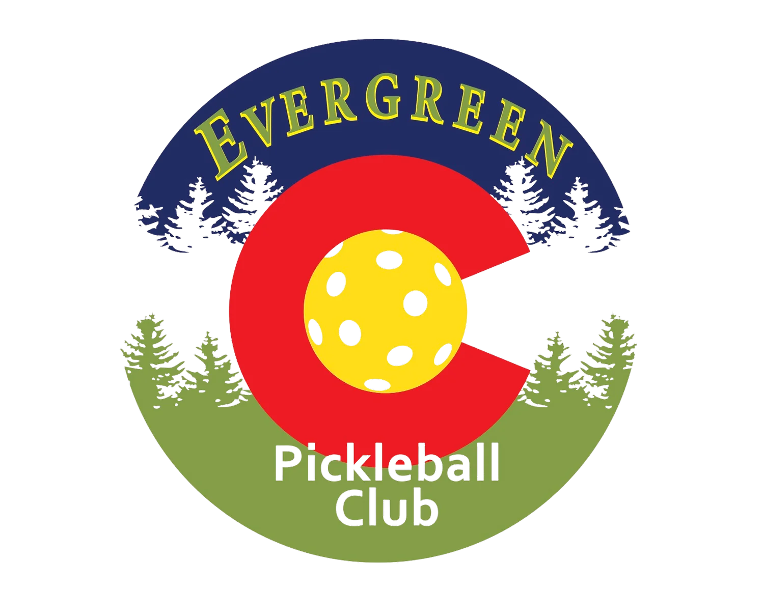 Evergreen Pickleball Club Colorado-Inspired Logo Clipart Design with Mountain Scene