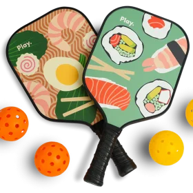 Playful Sushi-Themed Pickleball Paddles and Balls Cheerful Clipart Design