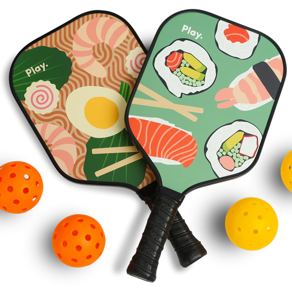 Playful Sushi-Themed Pickleball Paddles and Balls Cheerful Clipart Design