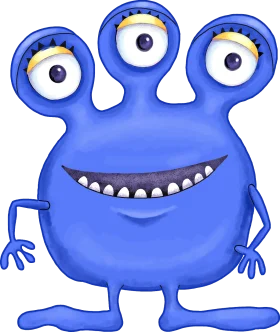 Cheerful Blue Three-Eyed Friendly Alien Creature Cartoon Clipart Design