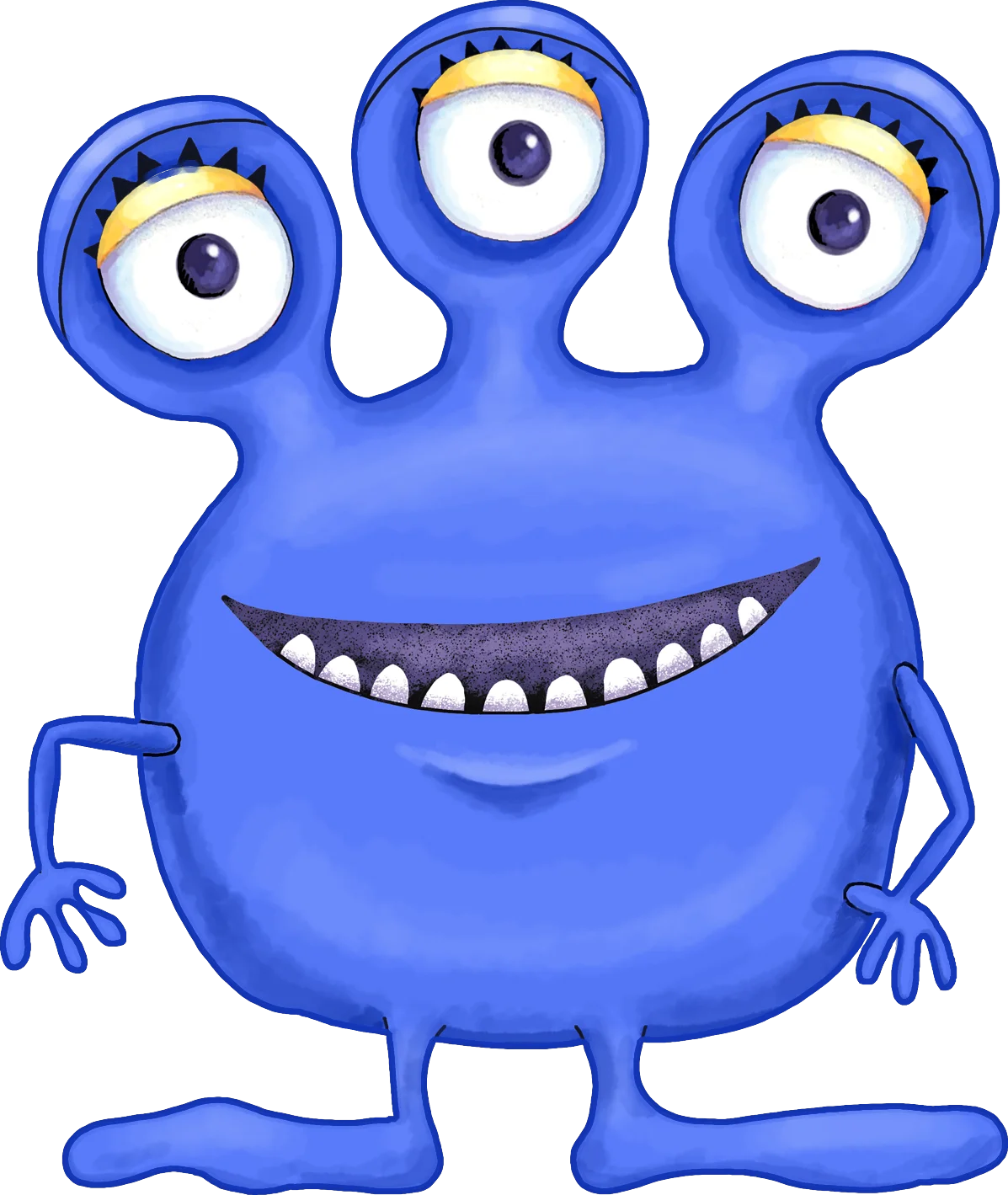 Cheerful Blue Three-Eyed Friendly Alien Creature Cartoon Clipart Design
