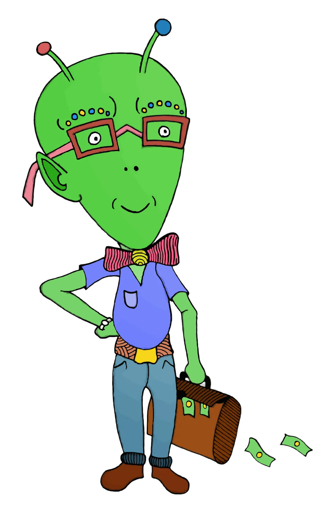 Nerdy Green Extraterrestrial Traveler with Vintage Suitcase Clipart Illustration
