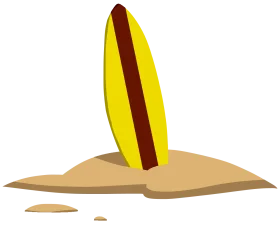 Minimalist Yellow and Brown Surfboard Standing in Sand Clipart Illustration