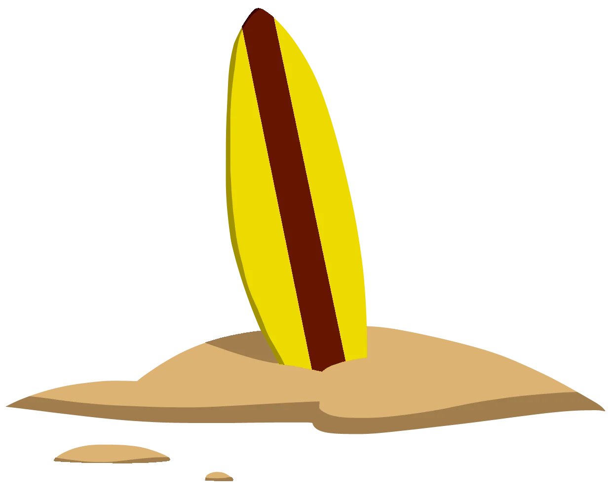 Minimalist Yellow and Brown Surfboard Standing in Sand Clipart Illustration