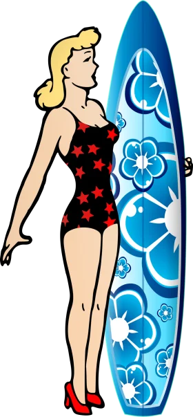 Retro Summer Surfboard Clipart Featuring Stylish Woman in Star-Patterned Swimsuit