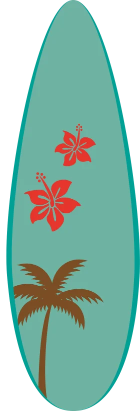 Tropical Paradise Surfboard Clipart with Hibiscus Flowers and Palm Tree