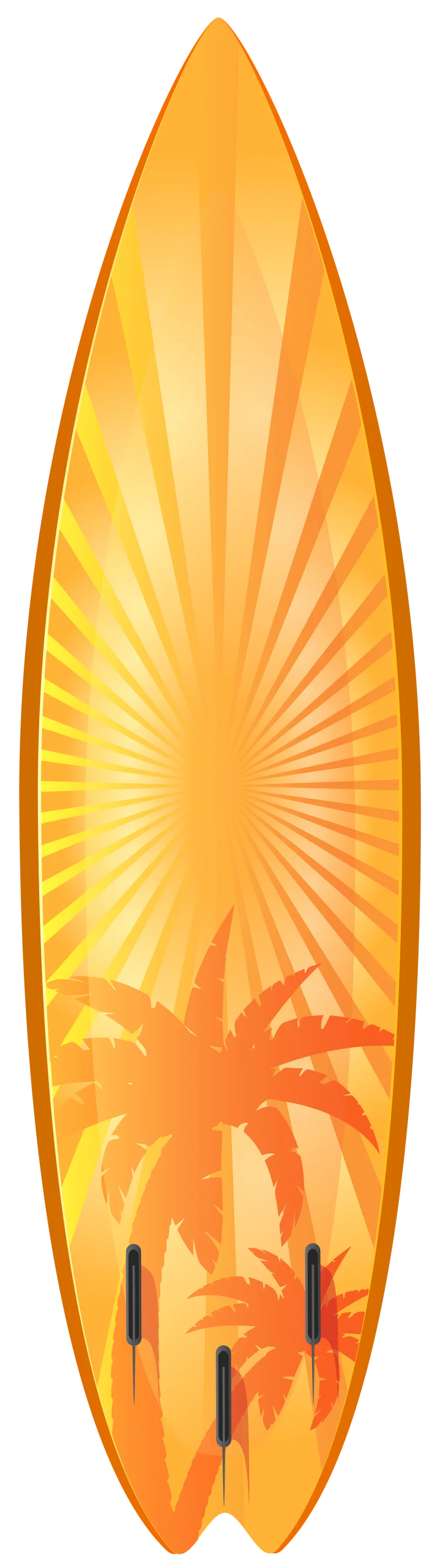 Tropical Sunset Palm Tree Surfboard Clipart Design with Radiant Sunburst