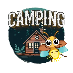 Adorable Camping Scene Clipart with Cute Cartoon Bee Near Wooden Cabin