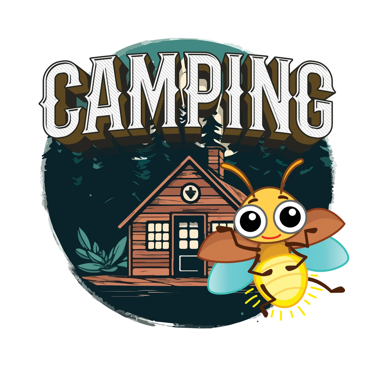 Adorable Camping Scene Clipart with Cute Cartoon Bee Near Wooden Cabin