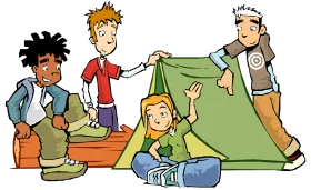 Adventure Outdoors: Young Campers Setting Up Tent in Cheerful Clipart Scene