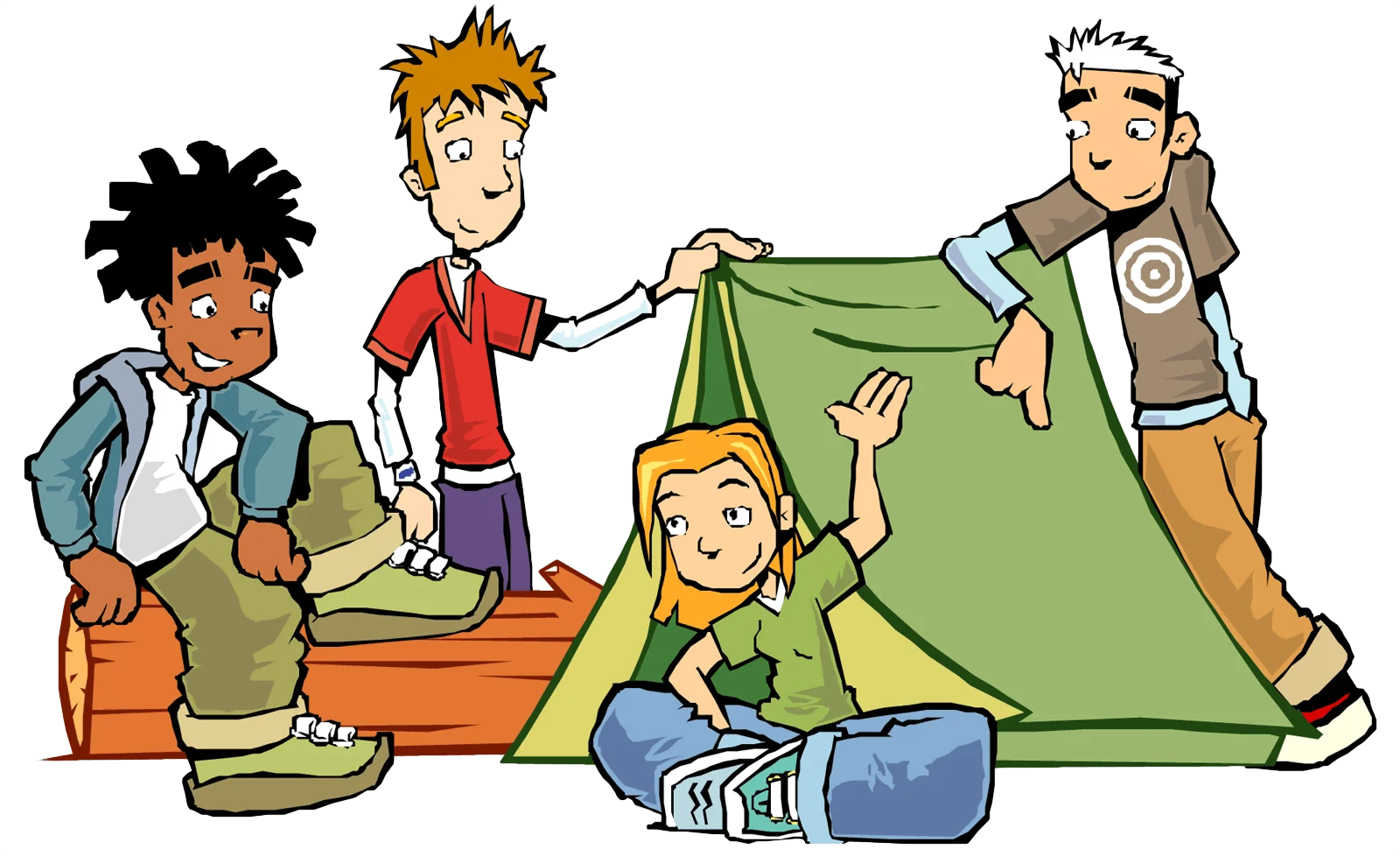 Adventure Outdoors: Young Campers Setting Up Tent in Cheerful Clipart Scene