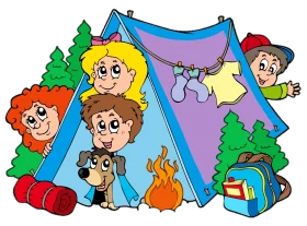 Cheerful Camping Adventure Clipart: Kids and Dog Enjoying Outdoor Fun