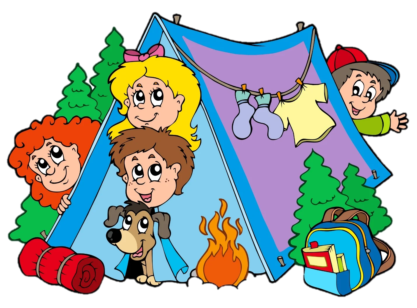 Cheerful Camping Adventure Clipart: Kids and Dog Enjoying Outdoor Fun