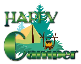 Cheerful Camping Adventure Clipart with Tent, Trees, and Campfire Design