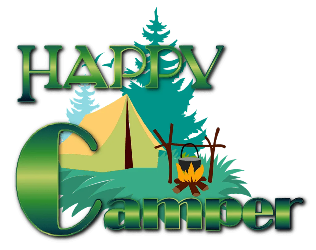 Cheerful Camping Adventure Clipart with Tent, Trees, and Campfire Design