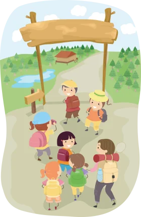 Cheerful Kids Summer Camp Outdoor Adventure Wilderness Clipart Scene