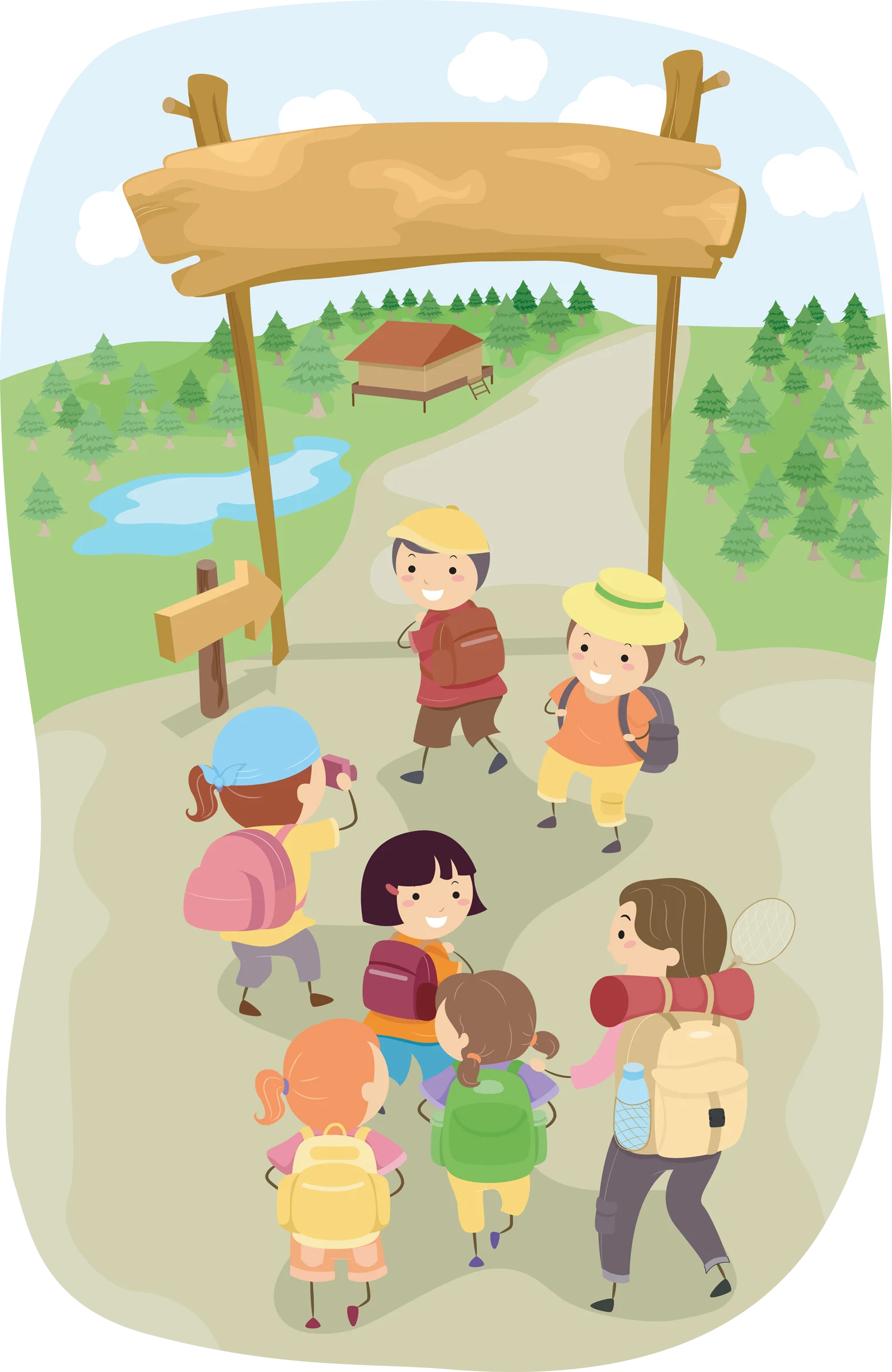 Cheerful Kids Summer Camp Outdoor Adventure Wilderness Clipart Scene