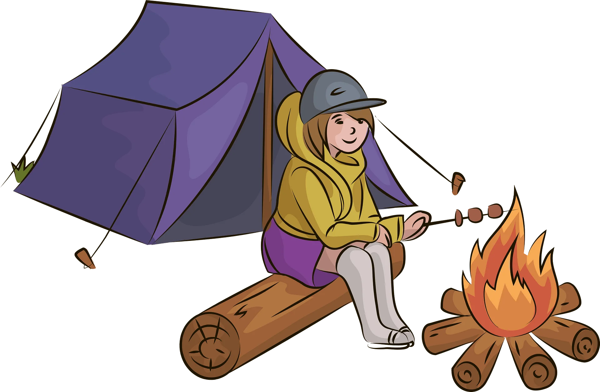 Cozy Campfire Camping Scene with Purple Tent and Marshmallow Roasting Clipart Illustration