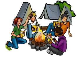 Cozy Campfire Gathering: Friends Enjoying Outdoor Adventure Clipart Scene