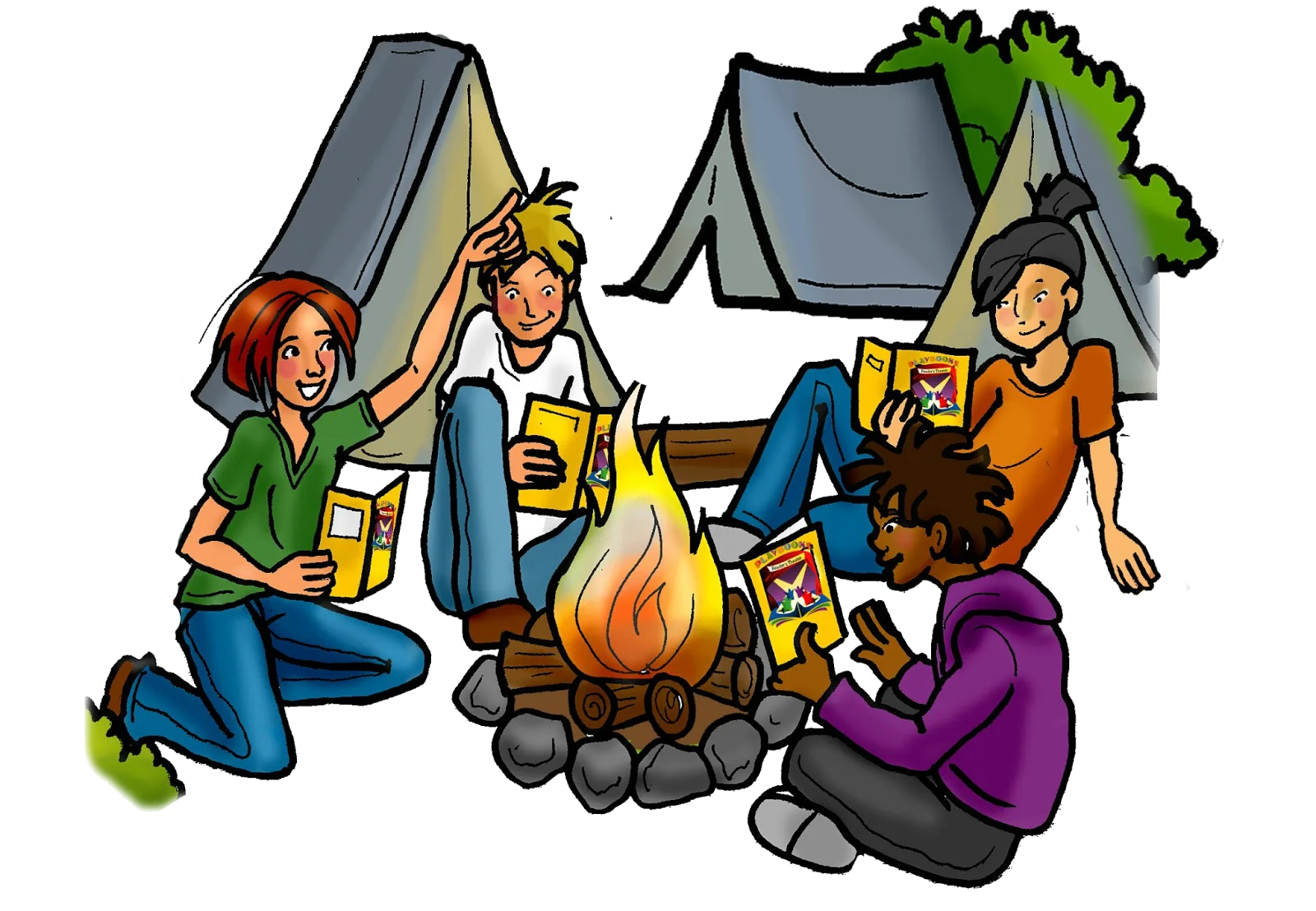 Cozy Campfire Gathering: Friends Enjoying Outdoor Adventure Clipart Scene