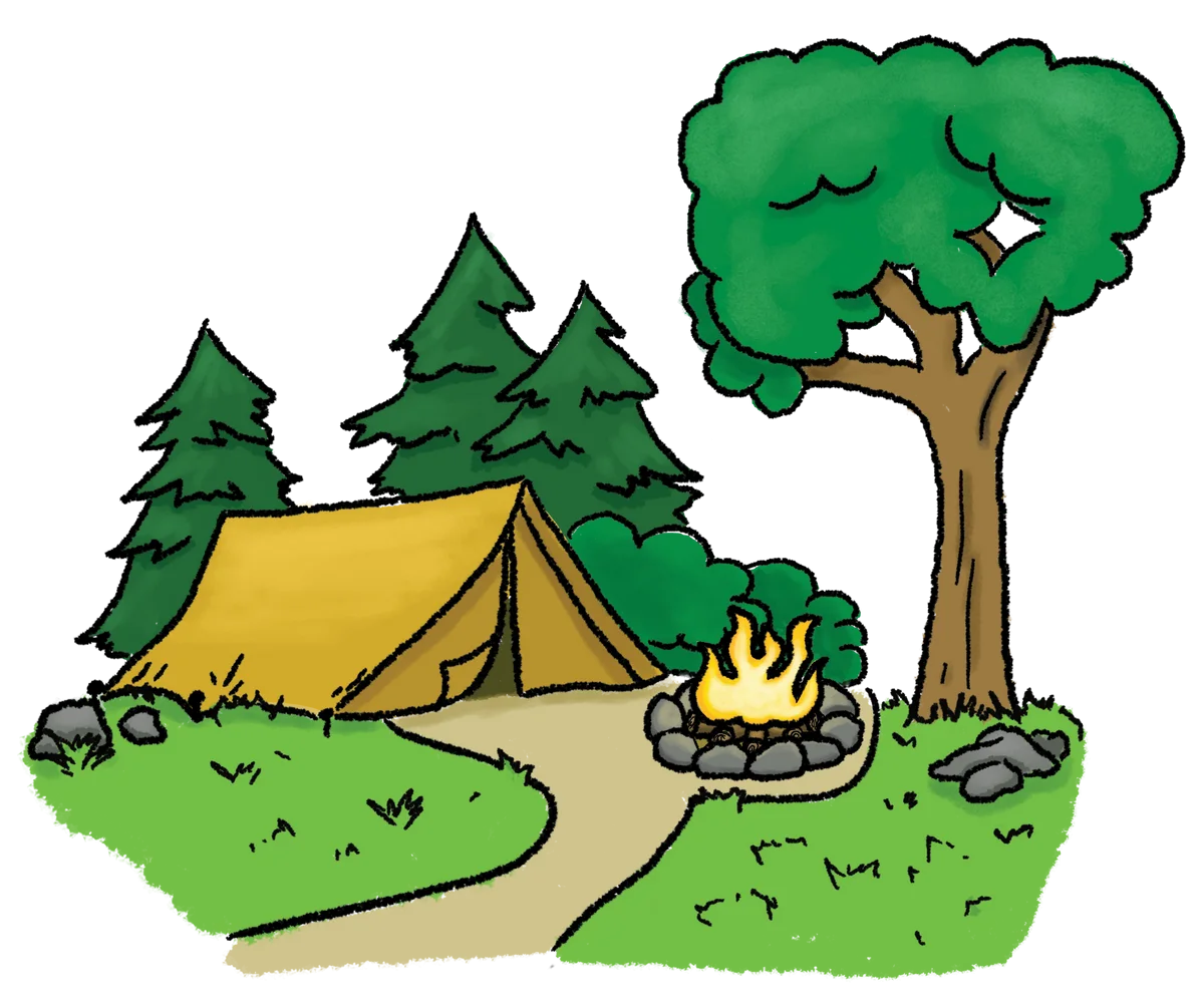 Cozy Woodland Camping Scene: A Charming Outdoor Adventure Clipart Illustration
