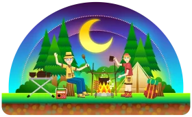Enchanting Nighttime Camping Adventure with Glowing Campfire Clipart Illustration