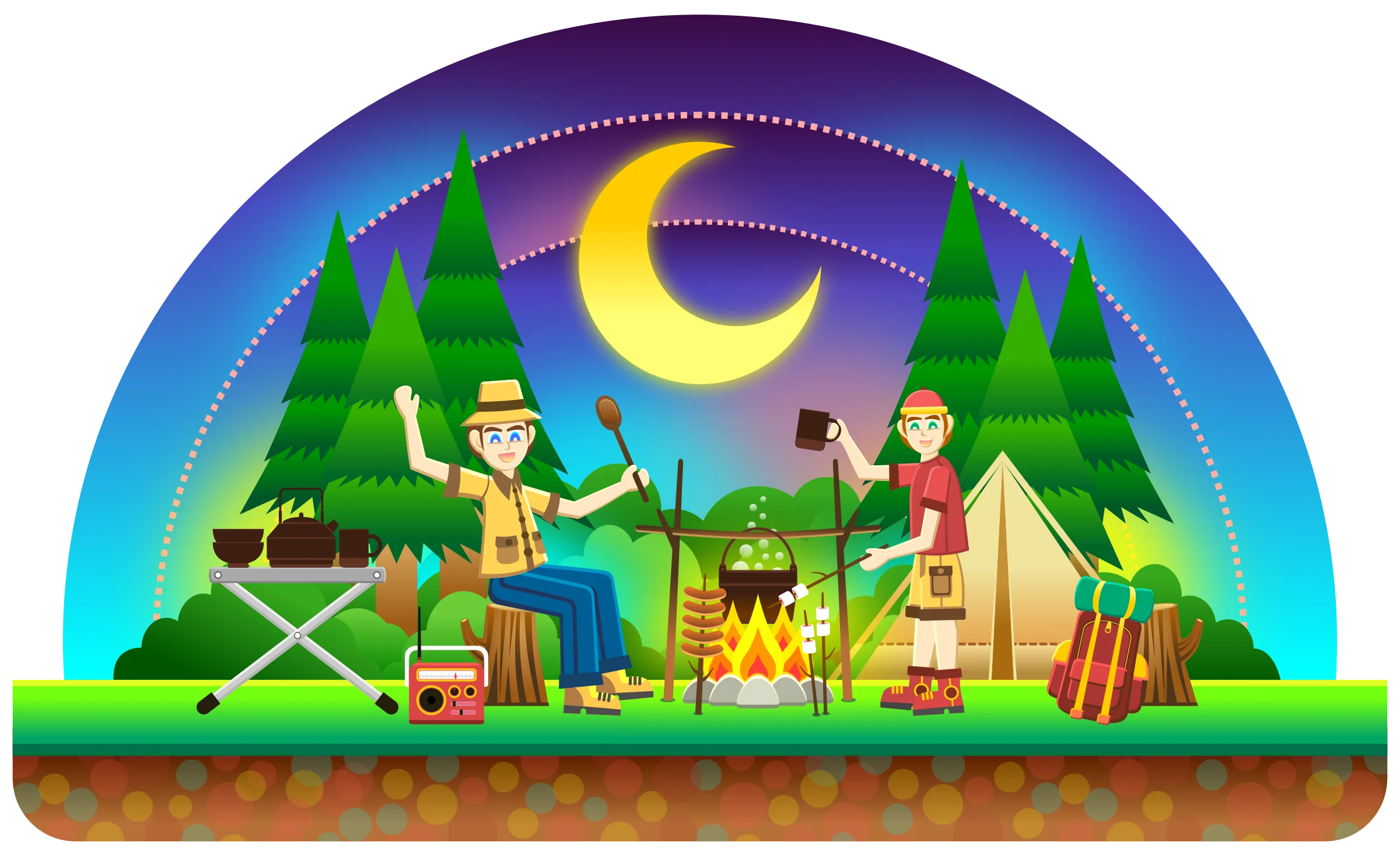 Enchanting Nighttime Camping Adventure with Glowing Campfire Clipart Illustration