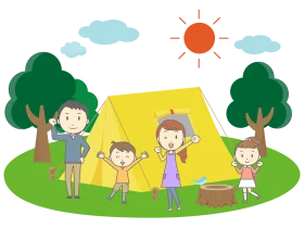 Family Camping Adventure in Sunny Woodland Clipart Illustration
