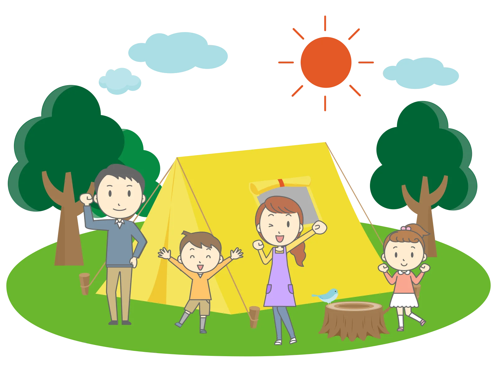 Family Camping Adventure in Sunny Woodland Clipart Illustration