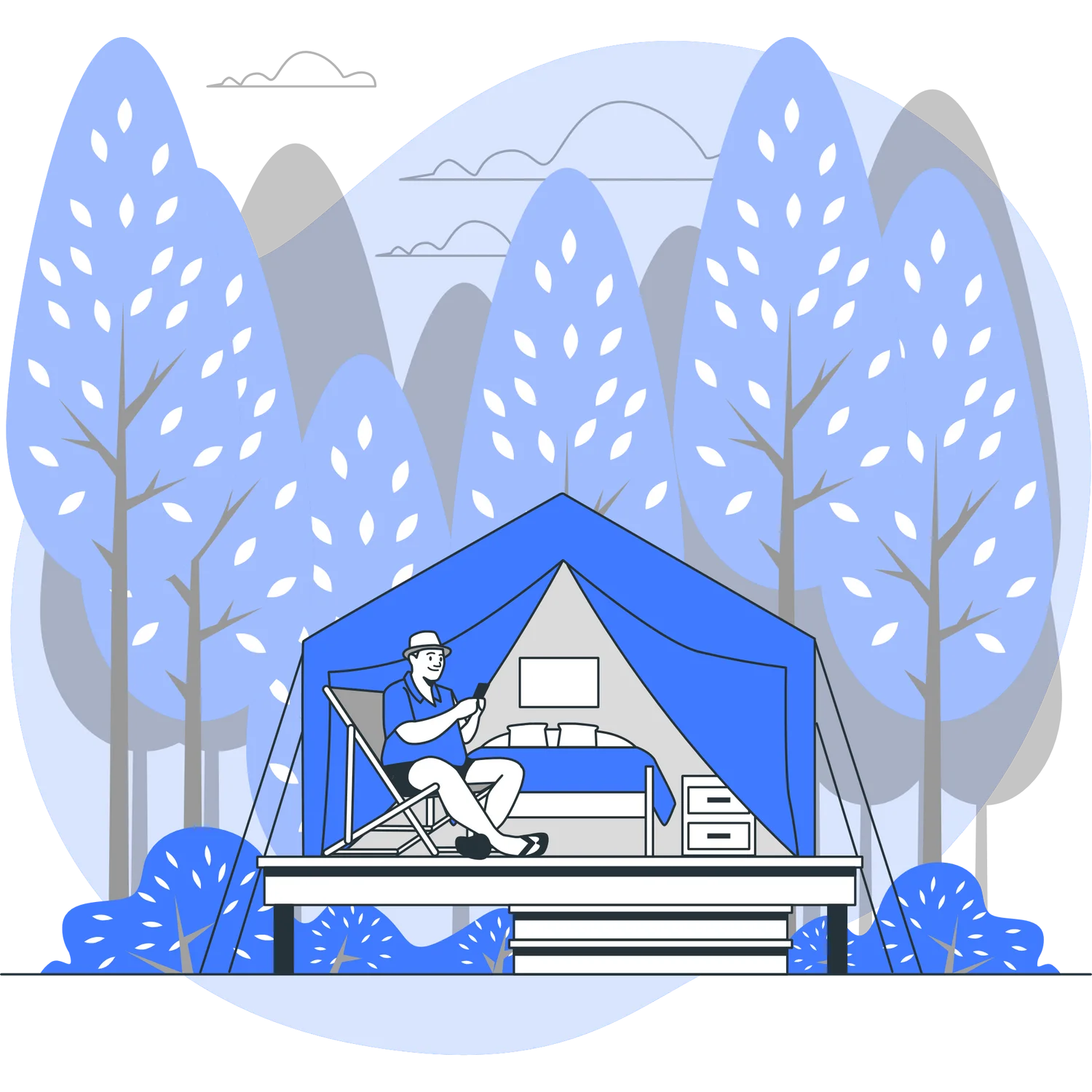Serene Blue Mountain Camping Clipart: Tranquil Outdoor Wilderness Experience