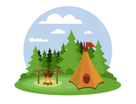 Serene Forest Camping Scene with Cozy Tent and Warm Campfire Clipart Illustration