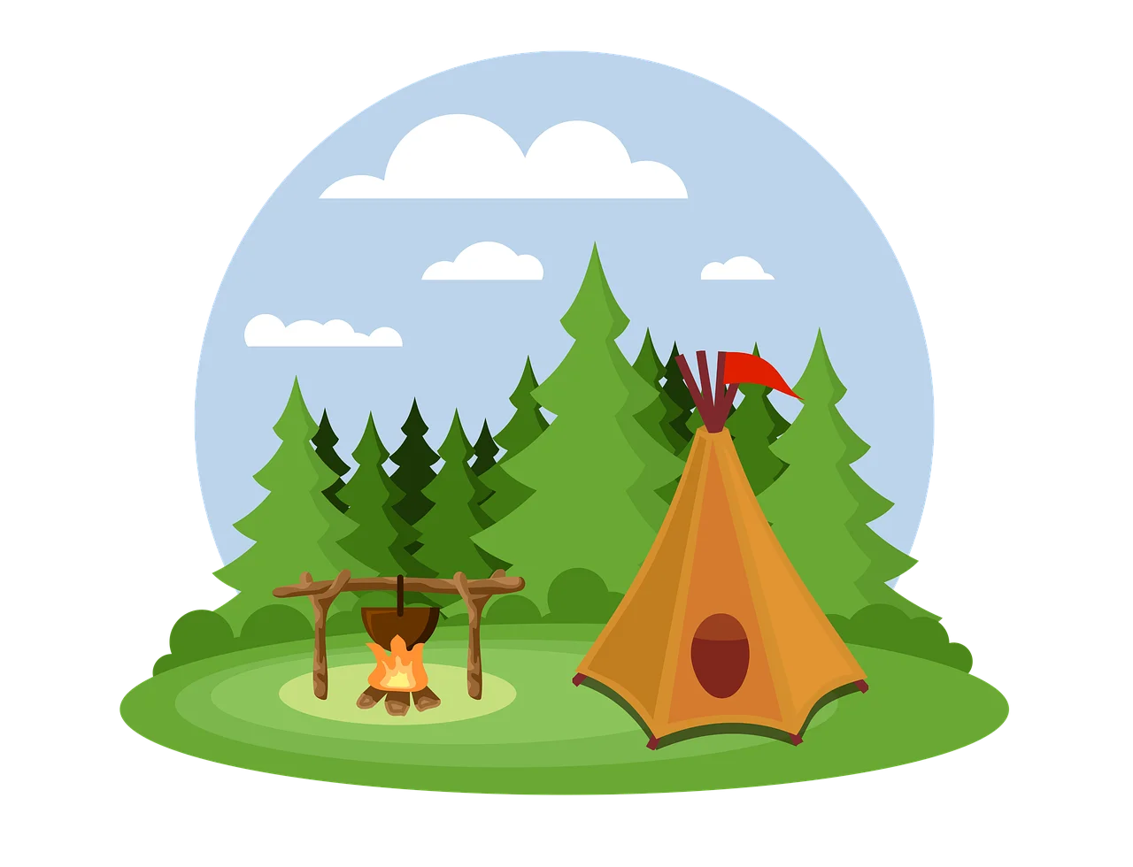 Serene Forest Camping Scene with Cozy Tent and Warm Campfire Clipart Illustration