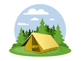 Serene Forest Camping Scene with Yellow Tent and Pine Trees Clipart Illustration