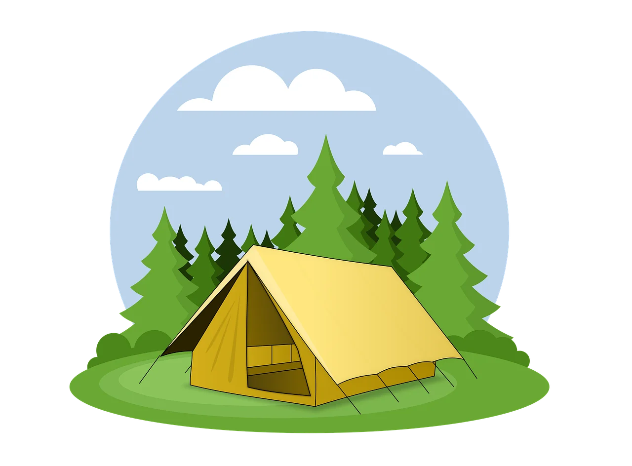 Serene Forest Camping Scene with Yellow Tent and Pine Trees Clipart Illustration