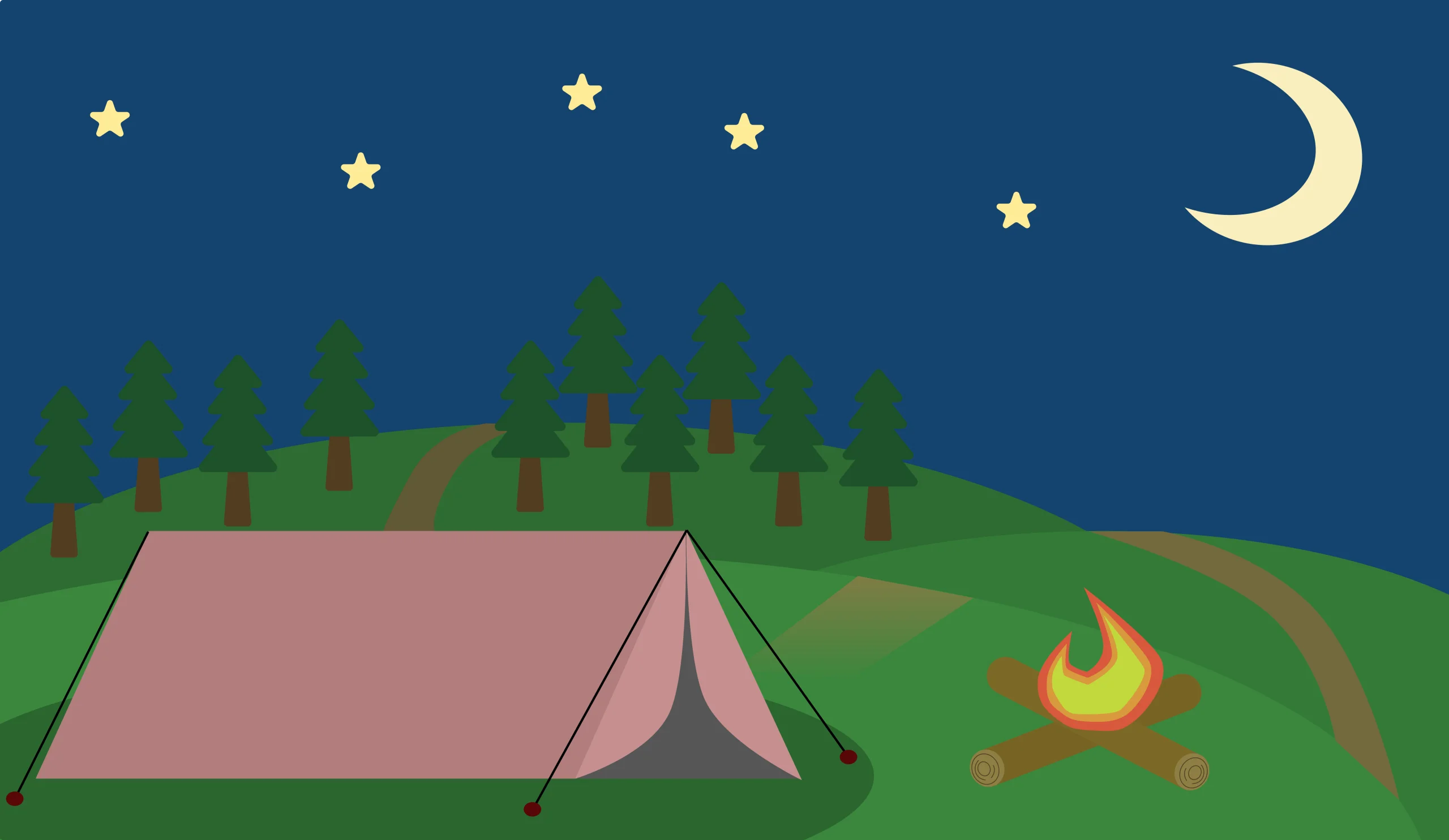 Serene Nighttime Camping Clipart: Starry Sky and Cozy Campfire Landscape