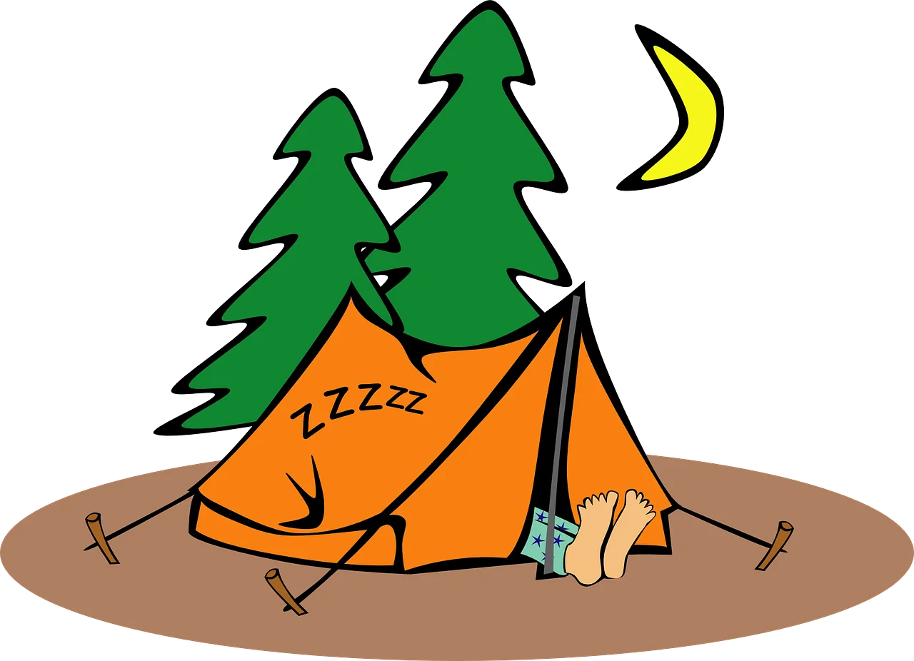 Serene Wilderness Camping Scene with Snoozing Tent Under Moonlit Pine Trees Clipart