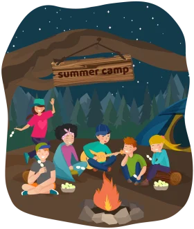 Starry Night Summer Camp Clipart: Friends Gathered Around Cozy Campfire