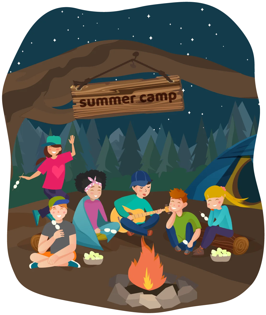 Starry Night Summer Camp Clipart: Friends Gathered Around Cozy Campfire