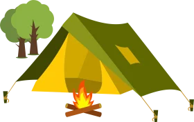 Tranquil Forest Camping Scene with Tent and Glowing Campfire Clipart Illustration