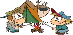 Whimsical Camping Adventure Clipart with Cartoon Characters by Campfire