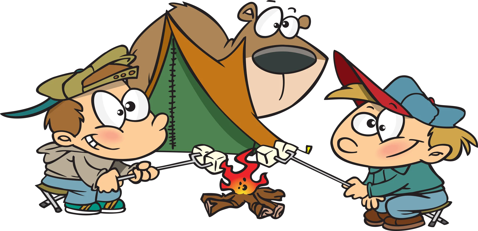 Whimsical Camping Adventure Clipart with Cartoon Characters by Campfire